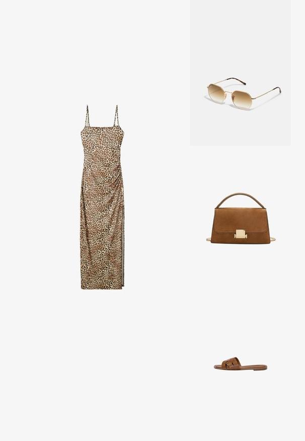 Maxi kjole med leopardmønster, justerbare spaghettistropper, samlede sidelæg og et glat, let materiale.; Brun læder slide sandal med krydsede stropper, flad sål og en glat overflade. Enkel design uden udsmykninger eller mønstre.; Guldmetallisk solbriller med en ottekantet ramme, gradient brune linser og skildpaddemønstret detaljer på stængerne. Letvægtsdesign.; Brun ruskind handbag med en gylden firkantet spænde, top-håndtag og kæderem. Har en rektangulær form og afrundede kanter.
