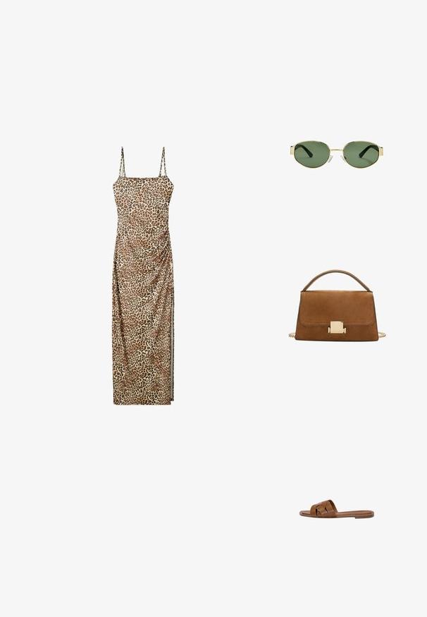 Maxi kjole med leopardmønster, justerbare spaghettistropper, samlede sidelæg og et glat, let materiale.; Brun læder slide sandal med krydsede stropper, flad sål og en glat overflade. Enkel design uden udsmykninger eller mønstre.; Solfarvede solbriller med guldmetalramme, grønne linser, oval form, sorte stænger og klare næsepuder. Rent, minimalistisk design.; Brun ruskind handbag med en gylden firkantet spænde, top-håndtag og kæderem. Har en rektangulær form og afrundede kanter.