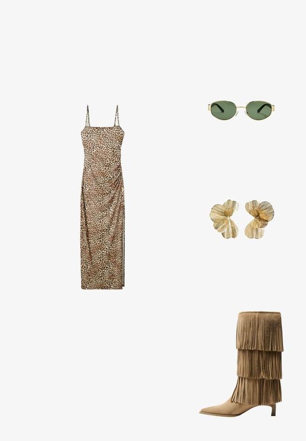 Maxi kjole med leopardmønster, justerbare spaghettistropper, samlede sidelæg og et glat, let materiale.; Fringe ankelstøvle i tan ruskind med tre lag af frynser. Spids tå og en lav blokhæl. Glat tekstur over det hele.; Solfarvede solbriller med guldmetalramme, grønne linser, oval form, sorte stænger og klare næsepuder. Rent, minimalistisk design.; Guld-tone blomsterformede øreringe med lagdelte kronblade, der har en tekstureret finish og en central perleedetail.