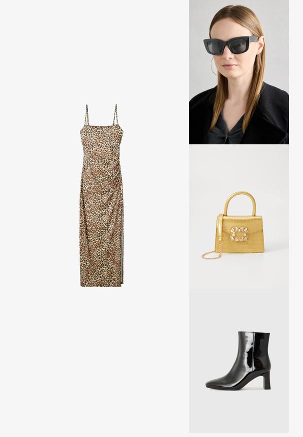 Leopárdmintás maxi ruha állítható pántokkal, összegyűrt oldali részletekkel és sima, könnyű anyagból készült.; Fekete lakk bőrcipő bokáig érő, hegyes orral és közepes magasságú tömbsarokkal. Simább textúrával és minimalista dizájnnal rendelkezik.; Fekete macskaszem napszemüveg sötét lencsékkel, vastag kerettel és diszkrét díszítésekkel. Fekete kabátot és szürke felsőt visel, hosszú egyenes hajjal.; Sárga műbőr krokodil mintás kézitáska strukturált kialakítással, felső fogantyúval, leválasztható lánccal és díszes kristály díszítéssel a záron.