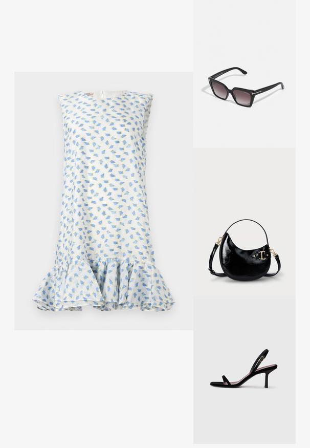 Virágmintás ruha fehér alapon kék és zöld virágokkal. Ujjatlan, kerek nyakkivágású, és fodros szegéllyel az alján. Könnyű anyag.; Fekete velúr női magassarkú szandál slim pántokkal és arany csattal, fehér háttér előtt, oldalnézetben.; Fekete, túlméretezett napszemüveg geometrikus formával, árnyékolt lencsékkel és arany díszítésekkel a szárakon. Tartós műanyagból készült.; Fekete lakkbőr kézi táska, ívelt formával, állítható pánttal és aranyszínű fém részletekkel az oldalon. Simább, fényes felület.