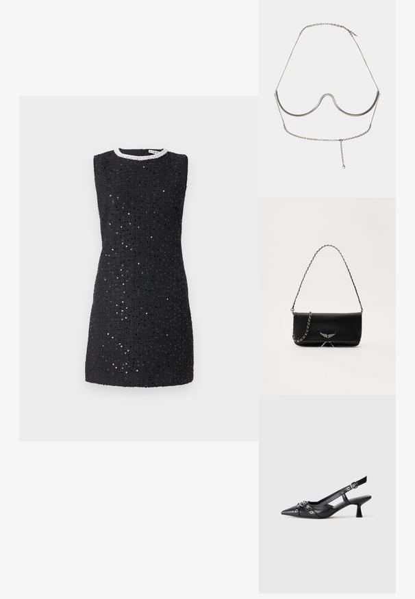 Juoda be rankovių suknelė, pasiūta iš tekstūruoto audinio su sidabro spalvos blizgučiais, apvaliu iškirpimu, puoštu skaidriais karoliukais. Kelio ilgio modelis.; Juodas odinis slingback tipo batai su smailiu priekiniu atvartu, dekoratyvinėmis sagtimis su metaliniais akyčiais ir žemu blokiniu kulnu. Saldus paviršius.; Juodas odinis delninukas su sidabro spalvos grandinele, papuoštas dekoratyviniais sparnų akcentais ir balta siūle apačioje.; Cult Gaia ASHA BODY JEWELRY - Kiti aksesuarai - bright shiny silver-coloured