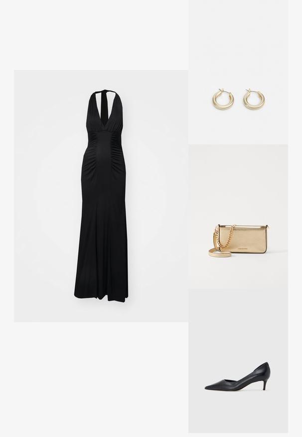 Diane von Furstenberg MAKAYLA DRESS - Žerzejové šaty - black; Černá kožená lodička s špičatou špičkou a nízkým podpatkem. Má hladkou texturu a jemný lesk. Přední část je otevřená pro zvýraznění detailu.; Metalická zlatá kožená psaníčko s texturovaným povrchem, vybavená zlatým řetízkovým popruhem a odnímatelným ramenním popruhem. Vystouplé logo značky.; Lauren Ralph Lauren BASIC SMALL HOOP - Náušnice - gold-coloured