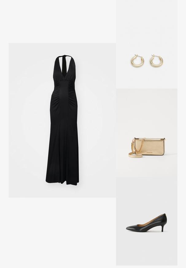 Diane von Furstenberg MAKAYLA DRESS - Džersio suknelė - black; Juodos odinės aukštakulnės bateliai su smailiu nosiu, žemu kulnu ir lygiu paviršiumi. Priekyje yra nedidelis atvirumas, o gale minimalus apdaila.; Metaliniu auksu padengtas odinis rankinukas su tekstūruotu paviršiumi, kuris turi auksinį grandinėlės dirželį ir nuimamą petį. Įspaustas prekės ženklas.; Lauren Ralph Lauren BASIC SMALL HOOP - Auskarai - gold-coloured