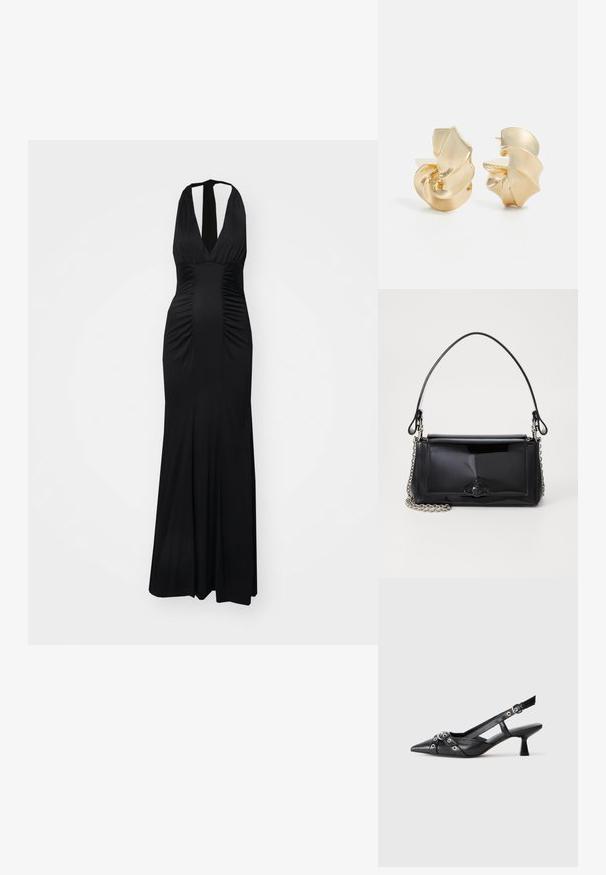 Diane von Furstenberg MAKAYLA DRESS - Džersejové šaty - black; Čierne kožené slingback topánky s špicatou špičkou, ozdobnými popruhmi s kovovými očkami a nízkym blokovým podpätkom. Textúrovaný povrch.; Čierna laková kožená kabelka s obdĺžnikovým tvarom, reťazovým popruhom a výrazným hardvérovým prvkom v strede. Hladká textúra.; Textúrované náušnice z kovu v zlatom tóne so sochárskym, špirálovitým dizajnom. Obsahujú hladké povrchy a krivky odrážajúce svetlo.