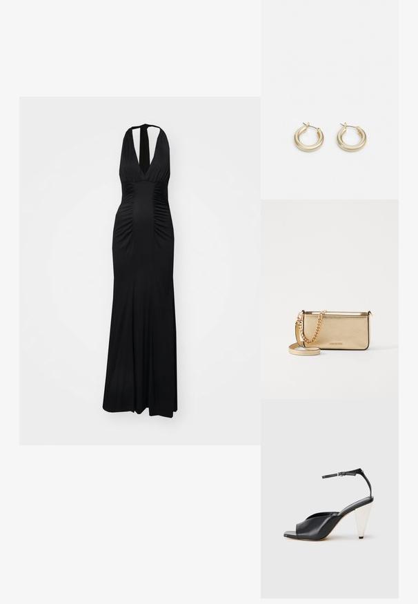 Diane von Furstenberg MAKAYLA DRESS - Trikotāžas kleita - black; Melnas ādas augstpapēžu sandales ar atvērto purngali, asimetrisku dizainu, potītes siksniņu un metāla koniskām papēžiem. Virsma ir gluda.; Metālisks zelta ādas klipsis ar teksturētu apdari, ar zelta ķēdes siksniņu un noņemamu pleca siksniņu. Zīmola logo iepresēts.; Lauren Ralph Lauren BASIC SMALL HOOP - Auskari - gold-coloured