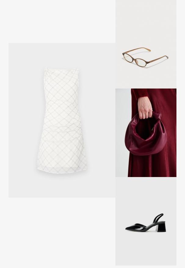 Weißes Kleid mit einem karierten Muster in hellem Grau. Das Design umfasst ein tailliertes Oberteil mit Raffung und einen geraden, knielangen Rock.; Schwarze Lackleder-Slingback-High Heels mit spitzem Schuh und einem geometrischen Blockabsatz. Verfügt über ein schlankes, minimalistisches Design und eine glatte Textur.; Braune Schildpatt-Brille mit ovalen Gläsern, dünnen Bügeln und transparenten Akzenten. Verfügt über ein dezentes Logo am Bügel. Elegantes, leichtes Design.; Burgunderleder-Handtasche mit einem weichen, gerafften Design und einer gerundeten Form. Der Griff ist gesichert und zeigt eine glatte Textur.