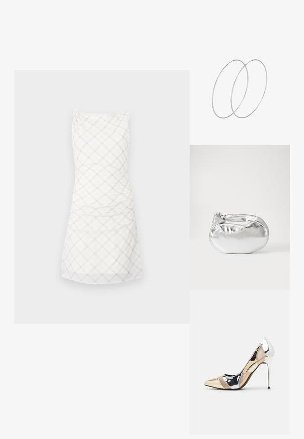 Valge kleit, millel on heledates hallides toonides ruuduline muster. Disain sisaldab hästi istuvat ülakeha rütmiga ja sirget, kuni põlveni ulatuvat seelikut.; Kitsas toe kõrge kontsaga kingad, millel on hõbedane, kuldne ja nude värvilahendus. Läikiv viimistlus lõikekujundusega, stiletto konts.; Hõbedane metallikoti kott pehme, ümar kuju ja sõlme ülemise sulgemisega. Valmistatud siledast kunstnahast materjalist.; Hõbedased rõngastikkaehingad minimalistlikus disainis. Ümar kuju, sile tekstuur ja õhuke profiil. Kerged ning poleeritud viimistlusega.