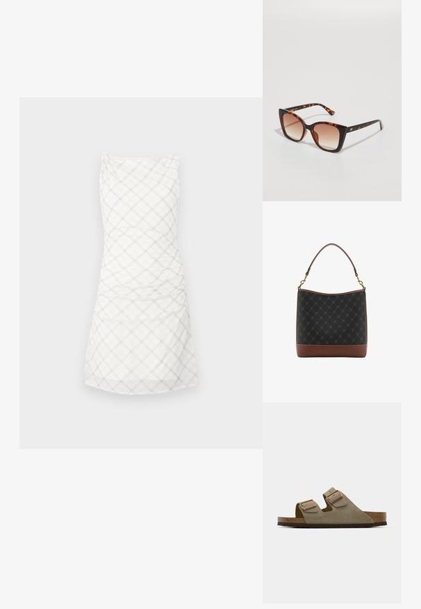 Weißes Kleid mit einem karierten Muster in hellem Grau. Das Design umfasst ein tailliertes Oberteil mit Raffung und einen geraden, knielangen Rock.; Helle taupe Wildledersandale mit zwei verstellbaren Riemen und rose-goldener Hardware. Korkfußbett auf einer strukturierten braunen Sohle. Offenes Zehendesign.; Schildkrötenspiegel mit übergroßen quadratischen Gläsern, einem gradienten braunen Farbton und eleganten, glänzenden Bügeln mit dezenten metallischen Akzenten.; Schwarz-braune Handtasche mit strukturiertem Design, ausgestattet mit einem glatten Lederboden und einem oberen Griff mit goldfarbenen Hardwareelementen.