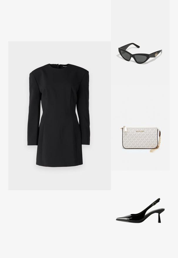 Čierne štruktúrované šaty s dlhými rukávmi, vysokým výstrihom a výraznými vypchávkami na pleciach. Zúžený strih, ktorý sa zužuje na krátky lem. Hladká textúra.; Čierne lakované kožené slingback lodičky s špicatou špičkou, vyrezávanými bokmi, nastaviteľným remienkom okolo členka a tenkým, elegantným podpätkom.; Slnečné okuliare v tvare mačacích očí s matným čiernym plastovým rámom, tmavými sklami a zlatým logom na bočnej strane. Ostrý dizajn a hladká textúra.; Michael Kors zápästná taška v béžovej potiahnutej plátenej tkanine s opakujúcim sa vzorom loga MK, zlatým kovania a odnímateľným reťazovým popruhom.
