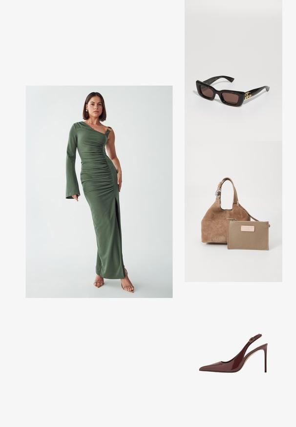 Robe maxi verte à une épaule avec texture froncée, fente sur le côté et accents en métal doré. Fabriquée dans un tissu lisse et extensible.; Escarpin à talon aiguille en cuir verni marron foncé, à bout pointu, avec une bride réglable et une fine semelle.; Lunettes de soleil en écaille de tortue noire avec des verres rectangulaires, teinte marron, épais cadre et détail de logo double-G doré sur la branche.; Sac à main en suède marron de forme arrondie avec une poignée courte. Comprend une pochette en cuir beige amovible avec une fermeture éclair et un accent de logo.