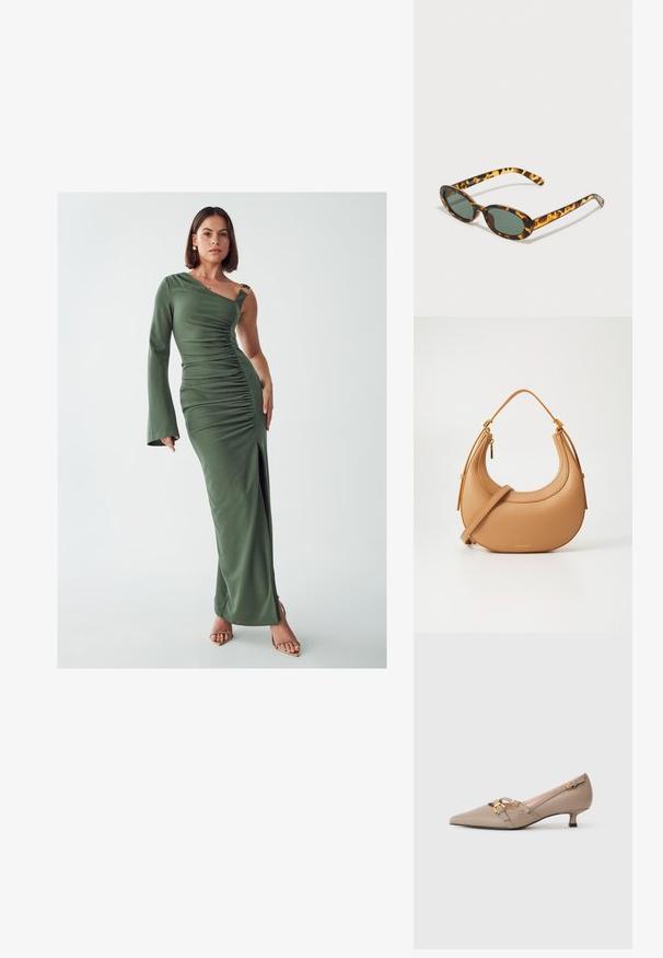 Groene, één-schouder maxi-jurk met gerimpelde textuur, een zij-split en gouden hardware details. Gemaakt van een soepele, rekbare stof.; Beige leren kitten heels met spitse neuzen, gouden accenten op de bandjes en een lage blokhak, met een gladde textuur en een minimalistisch ontwerp.; Tortoiseshell zonnebril met ovale monturen, donkergroene lenzen en slanke armen. Bevat een subtiele logo op de arm.; Zadelvormige tan leren handtas met een gestructureerd oppervlak, goudkleurige hardware en een enkele handgreep bovenaan met een verstelbare schouderriem.