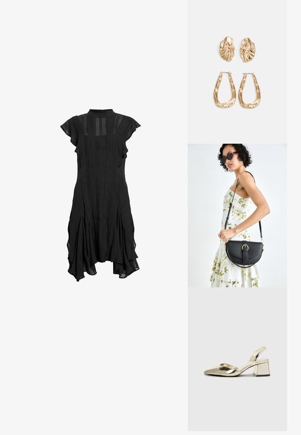 Melnā kleita ar augstu apkakli, īsām, plandošām piedurknēm, strukturētām paneļu daļām un paplašinātu apakšmalu, kurā ir apvienoti gluda un rakstaina auduma elementu.; Zeltaini, metāla kurpes ar siksniņām, norakans purngalis un masīla papēdis. Gluda tekstūra, minimālisma dizains un šaura siksna.; Melnas ādas rokassoma ar izliekta formu, noņemamu siksnu un zelta aksesuāriem. Somai ir vāciņš ar sprādzes detaļu.; Zelta krāsas auskari ar teksturētām, viļņotām formām. Iekļauts skulpturāls piespraužams modelis un atvērta gredzenveida konstrukcija ar izsistām virsmām.