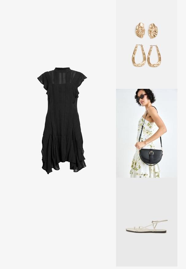 Svart kjole med høy krage, korte volangerm, teksturerte paneler og flagrende nederkant, med en blanding av glatt og mønstret stoff.; Beige flate sandal med flere slanke stropper og en justerbar spenne. Sålen er flat med en svak mørk kontrast langs kanten.; Svart lærveske med en buet form, avtagbar stropp og gullbeslag. Vesken har et klaff med spenne-detall.; Gullfargede øredobber med teksturerte, bølgete former. Inkluderer skulpturelle klipsstuds og åpen hoop-design med en hamret finish.