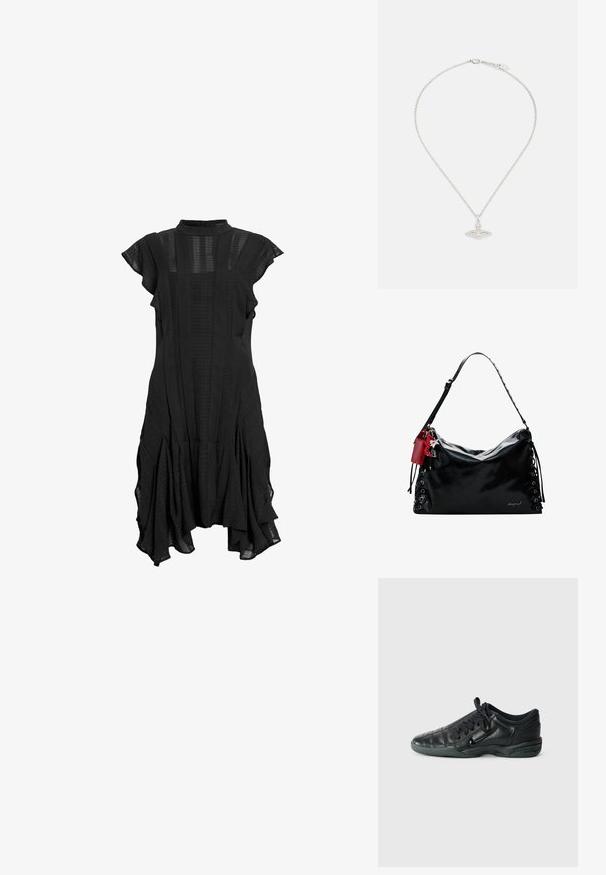 Fekete ruha magas gallérral, rövid fodros ujjal, textúrált panelek, és bővülő szegéllyel, sima és mintás anyagok keverékével.; Fekete bőr sportcipő steppelt mintával, kerek orral, fűzős elülső résszel és gumitalppal. Diszkrét márkajelzéssel az oldalon.; Fekete bőr kézitáska, laza dizájnnal, fűzős részletekkel az oldalán és egy piros kiegészítő címkével. Hosszú, állítható pánttal rendelkezik.; Ezüst nyaklánc, finom lánccal és ovális medállal, amely bonyolult részletekkel és egy kis drágakő kiemeléssel rendelkezik.