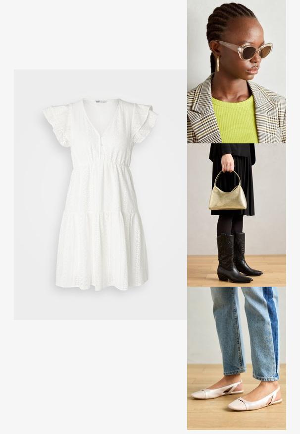 Vestido branco feito de tecido texturizado com detalhes em ilhós, mangas curtas com volantes, decote em V e um design de saia em camadas.; Sapatilhas slingback de cor rosa pálido com bico fino, feitas de um material semelhante a couro liso. Apresentam detalhes recortados nas laterais e um salto plano.; Óculos de sol estilo cat-eye claros com lentes castanhas e armação transparente. Modelo a usar uma blusa verde com nervuras e um blazer de tecido xadrez. Brincos em forma de argola dourados.; Bolsa de mão texturizada em dourado com uma forma curva e alça curta, segurada por uma pessoa que usa uma saia plissada preta e botas de cowboy pretas em couro.