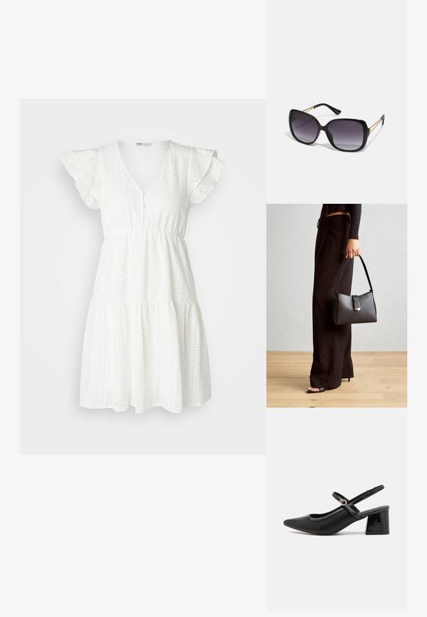 Rochie albă dintr-un material texturat, cu detalii din dantelă, mâneci krăi scurte, decolteu în V și un design de fustă în straturi.; Cizme cu toc slingback din piele sintetică lacuită neagră, cu vârful ascuțit, un design cu decupaj rotunjit și toc bloc. Include un accent cu cataramă de culoare aurie.; Ochelari de soare negri, supradimensionați, cu lentile degradate, rame groase și detalii cu lanț de ton auriu pe brațele templului.; Genți negre cu o formă structurată, textură netedă și un închizător metalic. Asortată cu pantaloni negri largi și sandale cu vârf deschis pe un podea din lemn.