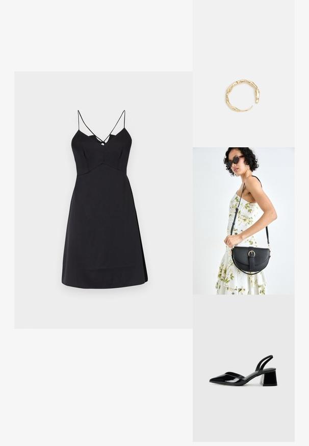 Melnā bezpiedurkņu kleita ar pieguļošu augšu, V veida dekoltē un krustveida spageti siksnām, ar izplestu A-line svārku.; Melna lakota āda ar atvērto papēdi, ar smailu purngalu un ģeometrisku blokpapēdi. Iezīmējas elegants, minimāls dizains un gluda tekstūra.; Melnas ādas rokassoma ar izliekta formu, noņemamu siksnu un zelta aksesuāriem. Somai ir vāciņš ar sprādzes detaļu.; Zelta toņa gredzens ar organisku, vērptu dizainu, gludu virsmu un sašaurinātiem galiem, radot mūsdienīgu, skulpturālu izskatu.