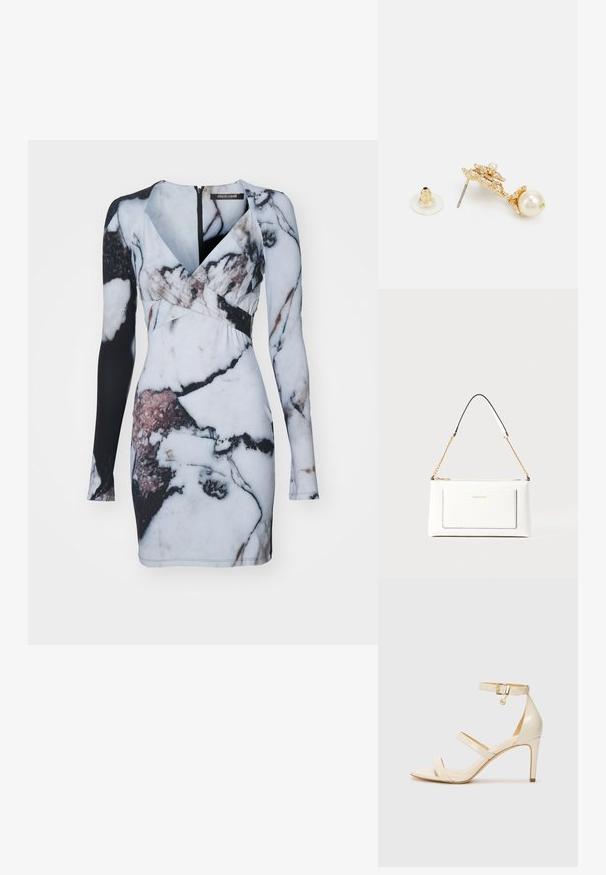 Rochie cu mânecă lungă, prezentând un imprimeu marmorat în alb, negru și accente de roz, cu o siluetă ajustată și un decolteu adânc în V.; Sandale cu toc înalt bej, cu curea subțire la gleznă și două curele superioare. Finisaj lucios din patent și detalii din metal auriu pe cureaua de la gleznă.; Geantă de mână din piele albă cu un finisaj texturat, având o curea din lanț aurie și accente negre. Include un buzunar frontal și închidere cu fermoar.; Cercei aurii cu un design decorativ și un accent de perlă, cu tijă din metal și un suport din cauciuc translucid.