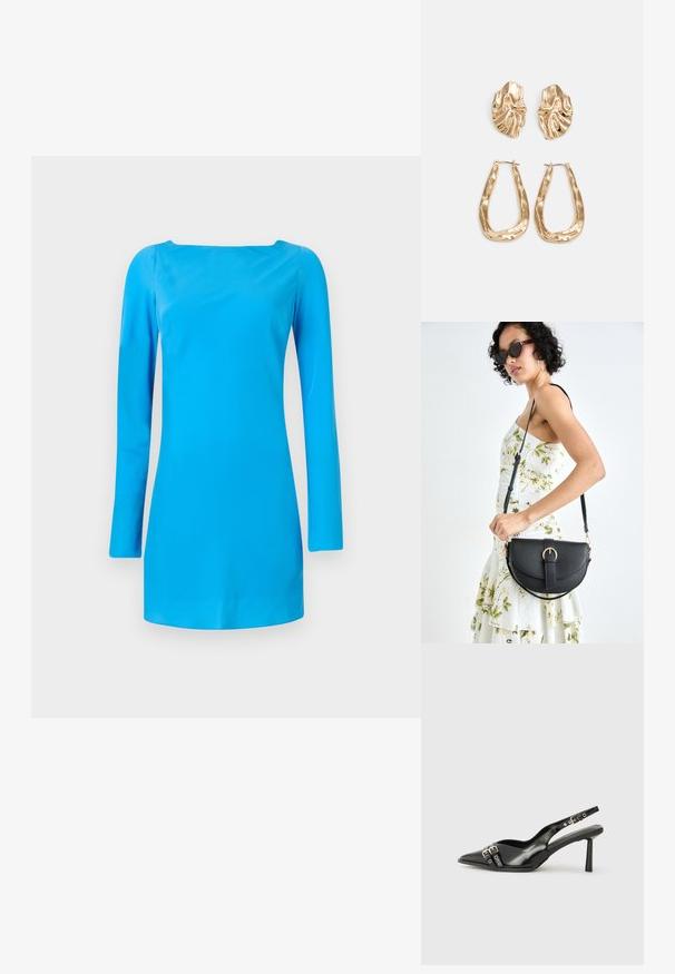 Blauwe lange mouwen jurk met een vierkante halslijn. Gemaakt van glad, glanzend materiaal met een getailleerde pasvorm en minimale details.; Zwarte gepolijste leren slingback schoenen met een puntige neus, enkelbandjes met zilveren gespen en hardware, en een slanke hak.; Zwarte leren handtas met een gebogen vorm, afneembare schouderband en gouden hardware. De tas heeft een klep met een gespsluiting.; Gouden oorbellen met een getextureerd, golvend ontwerp. Bevat sculpturale clip-on studs en een open ringontwerp met een gehamerd oppervlak.