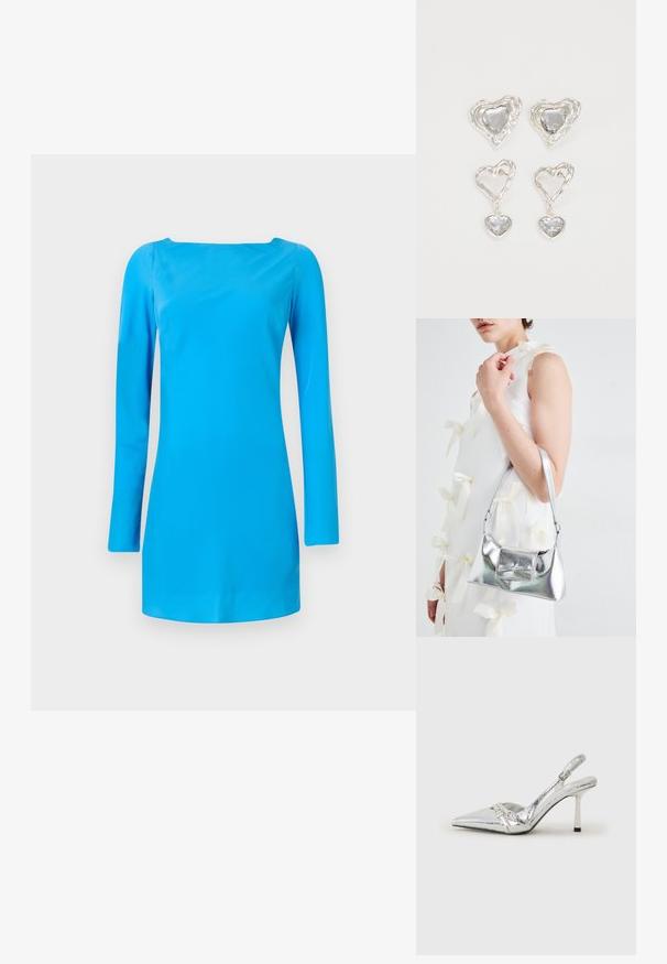 Zila garenpiedurkņu kleita ar kvadrātveida izgriezumu. Izgatavota no gludas, spīdīgas auduma ar pieguļošu siluetu un minimālu apdari.; Sudraba slingback augstpapēžu kurpe ar norādītu purngalu, metālisku apdari, diviem dekoratīviem siksniņām un plānu papēdi ar melnu galu.; Sudraba metāla rokassoma ar struktūru formu, aprīkota ar augšējo rokturi un priekšpusē esošu loku. Gluda tekstūra, atstarojoša virsma.; Sudraba sirds formas auskari ir rotāti ar daudzšķautņainiem caurspīdīgiem akmeņiem un ar teksturētu rāmi. Komplektā iekļauti gan pērlīšu, gan pilienu stili.