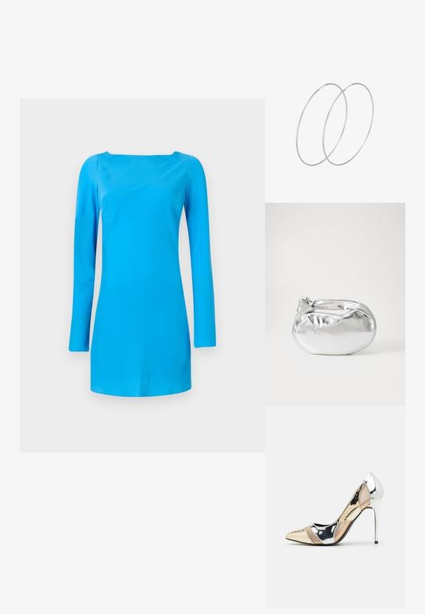 Vestido azul de manga larga con escote cuadrado. Fabricado en una tela suave y brillante con una silueta ajustada y un mínimo de detalles.; Zapato de tacón alto con punta afilada en una combinación de colores plateado, dorado y nude. Acabado brillante con diseño recortado, que presenta un tacón de aguja.; Bolsa de pouch metálica plateada con una forma suave y redondeada y un cierre en la parte superior con un nudo. Hecha de un material de imitación de cuero suave.; Pendientes de aro plateados con un diseño minimalista. Forma circular, textura suave y perfil delgado. Livianos con un acabado pulido.