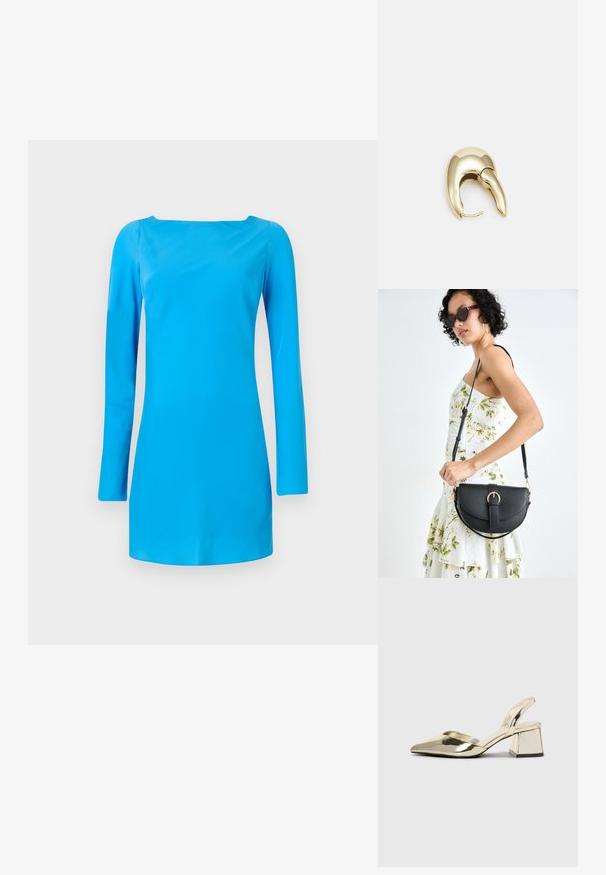 Zila garenpiedurkņu kleita ar kvadrātveida izgriezumu. Izgatavota no gludas, spīdīgas auduma ar pieguļošu siluetu un minimālu apdari.; Zeltaini, metāla kurpes ar siksniņām, norakans purngalis un masīla papēdis. Gluda tekstūra, minimālisma dizains un šaura siksna.; Melnas ādas rokassoma ar izliekta formu, noņemamu siksnu un zelta aksesuāriem. Somai ir vāciņš ar sprādzes detaļu.; Zeltīti metāla auskari ar gludu, izliekta dizaina. Ar atšķirīgu smailu formu, pulētu virsmu un eņģu aizdari.