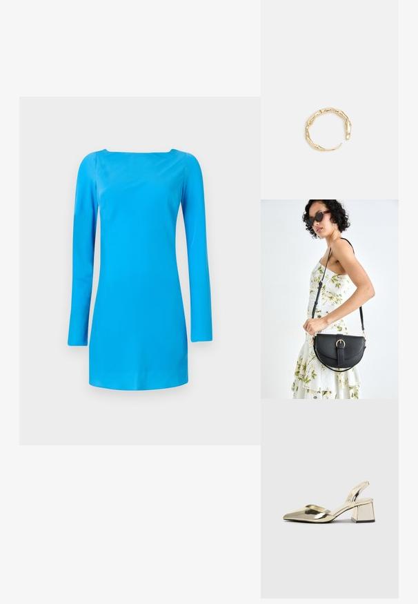 Blå långärmad klänning med fyrkantig halsringning. Tillverkad av slätt, glansigt tyg med en figurnära silhuett och minimal detaljering.; Guld, metalliska slingback-klackar med spetsig tå och chunky klack. Slät textur, minimalistisk design och en smal rem.; Svart läderhandväska med en böjd form, avtagbar rem och guldiga detaljer. Väskan har ett lock med en spänndetalj.; Ring i guldutförande med en organisk, vriden design, slät yta och avsmalnande ändar, vilket ger ett modernt, skulpturalt utseende.