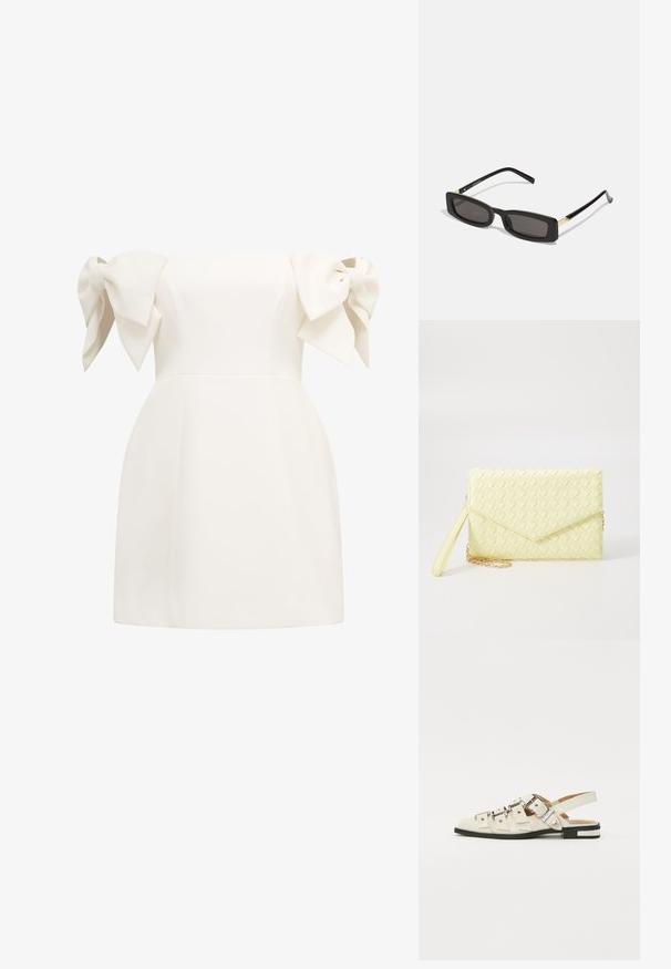 Vállnélküli fehér ruha nagy masni díszítéssel a ujjaknál, testhez simuló bodice és bővülő hem. Simább textúra, minimalista design.; Fehér bőr slingback szandál, több széles pánttal és ezüst csatokkal; lapos talp, kis fekete sarokkal és fémes díszítésekkel.; Fekete téglalap alakú napszemüveg sötét lencsékkel, fényes műanyag kerettel, arany díszítéssel az temples. Minimalista design és elegáns forma.; Sárga szőtt pénztárca, hajtogatott dizájnnal, levehető csuklópánttal és arany színű lánc díszítéssel. Simább textúra és téglalap alak.