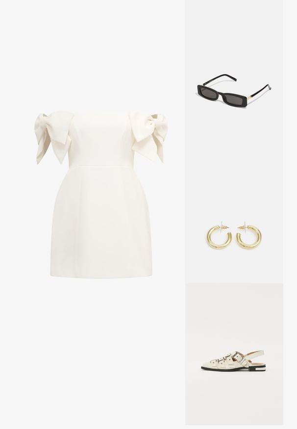 Biela šaty bez ramienok s veľkými mašľovými akcentmi na rukávoch, priliehavým korzetom a rozšíreným lemom. Hladká textúra, minimalistický dizajn.; Sandalové topánky so zapínaním vzadu z bielej kože s viacerými širokými popruhmi a striebornými prackami; plochá podrážka s malým čiernym podpätkom a metalickými akcentmi.; Čierne obdĺžnikové slnečné okuliare s tmavými šošovkami, lesklými plastovými rámami a zlatými akcentmi na spánkoch. Minimalistický dizajn a štíhly tvar.; Zlaté kruhové náušnice s hladkým, lesklým povrchom. Cirkulárny dizajn s malým steblom a jasným záznamom pre bezpečné nosenie.