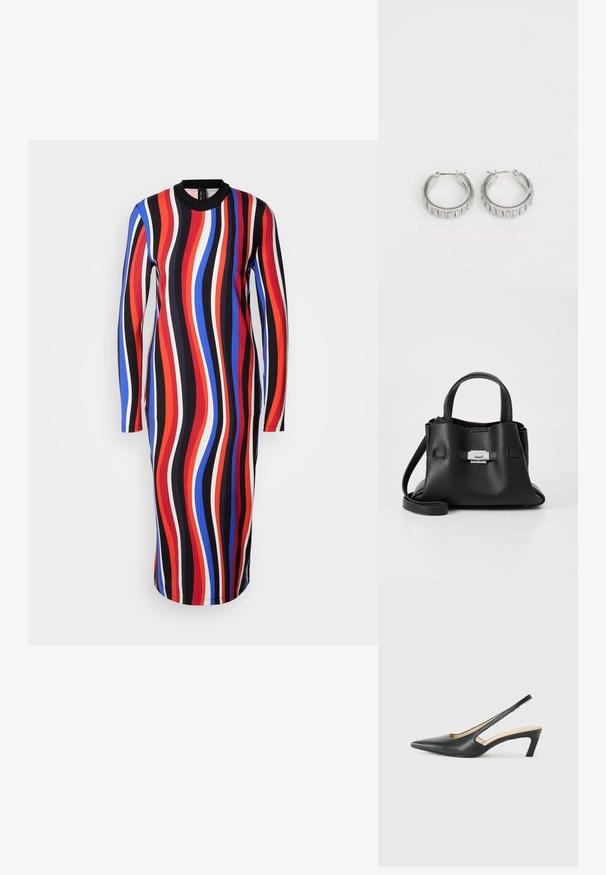 Pitkähihaisen mekon, jossa on monivärinen aaltoileva kuvio punaisena, sinisenä, valkoisena ja mustana. Valmistettu ribbikankaasta, pyöreä kaula-aukko.; Musta, kärjeltään terävä slingback-kengä, jossa on matala korko. Kengässä on sileä nahkamateriaali ja sivuilla leikkaukset hengittävyyttä varten.; Mustat nahkaa oleva käsilaukku, jossa on teksturoitu pinta, kaksi yläkahvaa, irrotettava olkahihna ja hopeinen solk yksityiskohta.; Hopeissa on tekstuuri, jossa on pystysuorat urat. Ympyrän muoto ja turvallinen lukko. Sileä pinta.