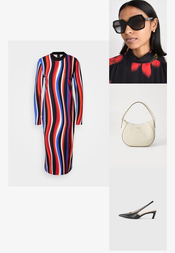Langarm jurk met een meerkleurig golvend patroon in rood, blauw, wit en zwart. Gemaakt van ribbelstof, met een ronde halsontwerp.; Zwarte puntige slingback schoen met een lage hak, gemaakt van soepel leer en voorzien van een uitsnede aan de zijkant voor ventilatie.; Zwarte oversized zonnebril met een geometrisch montuur, donker getinte glazen en hardware met goudtint, gedragen met een bloempatroon top met hoge kraag.; Crème-kleurige handtas met een gestructureerde afwerking, gebogen vorm, korte handgreep en een goudkleurige logo-applicatie. Ritsafsluiting aan de bovenkant.
