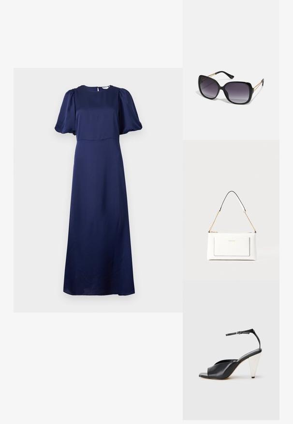 Rochie midi bleumarin cu mâneci scurte bufante, decolteu rotund și închidere cu buton la spate, în formă de cheie.; Sandal cu toc înalt din piele neagră, cu vârf deschis, design asimetric, curea pentru gleznă și toc metalic în formă de con. Textură netedă pe toată suprafața.; Ochelari de soare negri, supradimensionați, cu lentile degradate, rame groase și detalii cu lanț de ton auriu pe brațele templului.; Geantă de mână din piele albă cu un finisaj texturat, având o curea din lanț aurie și accente negre. Include un buzunar frontal și închidere cu fermoar.