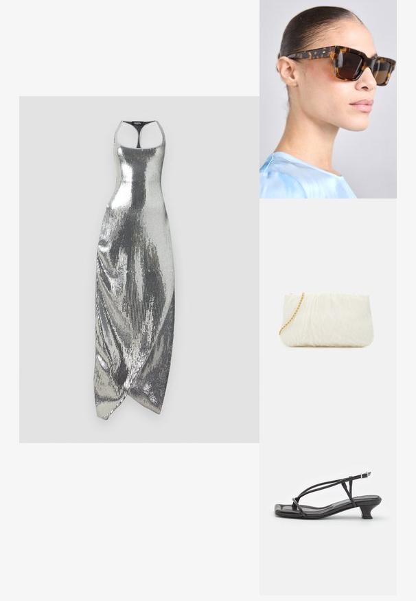 Sidabrinė suknelė su blizgučiais, aptempto dizaino, su kaklinės dalies užsegimu ant kaklo ir asimetriniu apatine kraštine. Lygi tekstūra su atspindinčia paviršiaus imitacija.; Juodas odinis šlepetės su plonomis dirželiu, mažu blokuoju kulnu ir kvadratiniu pirštu. Yra sagties uždarymas ir lygus paviršius.; Žirafų rašto saulės akiniai su masyviu, stačiakampiu rėmu. Tamsūs lęšiai ir auksinės spalvos akcentai ant šventyklių. Lygus, blizgus paviršius.; Balta tekstūruota sankabos rankinė su susiraukšlėjimo dizainu, turinti auksinę grandinėlę. Lygaus paviršiaus su subtiliomis bangomis ir suapvalintais kraštais.; Sidabriniai perlų auskarai su kreivai suformuota pupelės forma. Lygus, blizgus paviršius, uždaromi segtuku ir atgaline fiksacija.