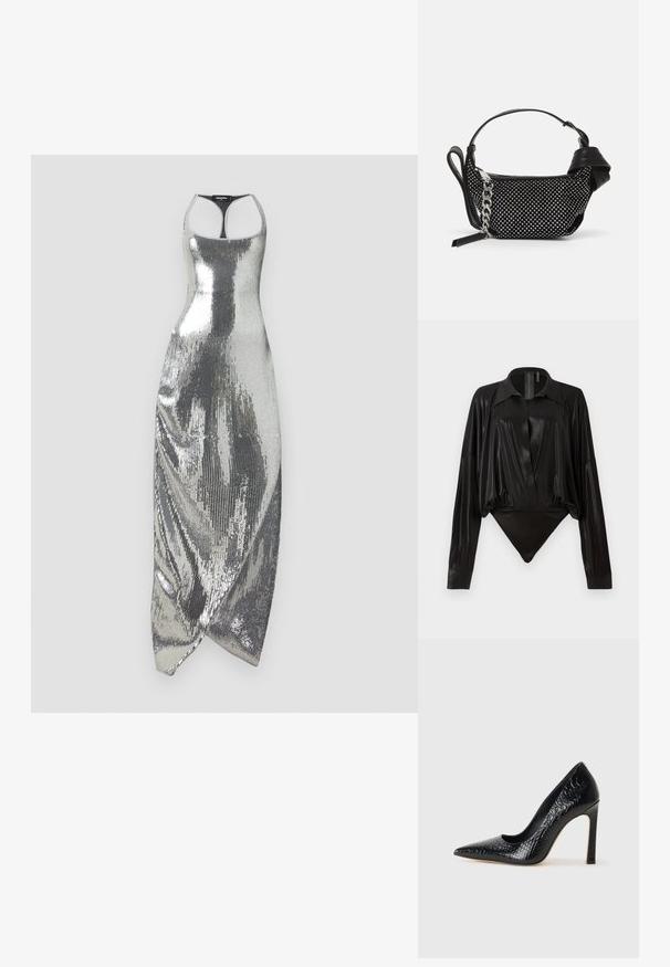 Vestido plateado con lentejuelas y diseño ajustado, con escote halter y dobladillo asimétrico. Textura suave con superficie reflectante.; Bodysuit negro de mangas largas, escote en V y silueta ajustada. Fabricado en un tejido brillante y suave con un cuello estructurado y puños.; Zapato de tacón alto negro con punta afilada y textura de piel de cocodrilo, que presenta un diseño elegante, un alto tacón de aguja y un interior negro suave.; Bolso de mano negro con adornos de tachuelas, una correa de cadena y un asa de cuero suave, con forma redondeada y compartimento con cremallera.
