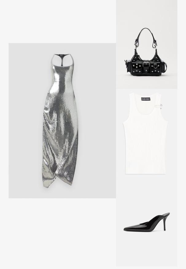 Sølvpalietteret kjole med tætsiddende design, der har en halterneck og asymmetrisk skørt. Glat tekstur med reflekterende overflade.; Hvid ribbet tanktop med rund halsudskæring og metalaccentdetalje på skuldrene. Blød tekstur, tætsiddende design og ærmeløs stil.; Sorte lakerede højhælede mulesko med spids tå og en slank silhuet, der har åben hæl og en slank stilettohæl.; Sort læderhåndtaske med et buet design, prydet med sølvfarvede nitter, en spænde og to sidelommer. Justerbar rem til forskellige bære muligheder.