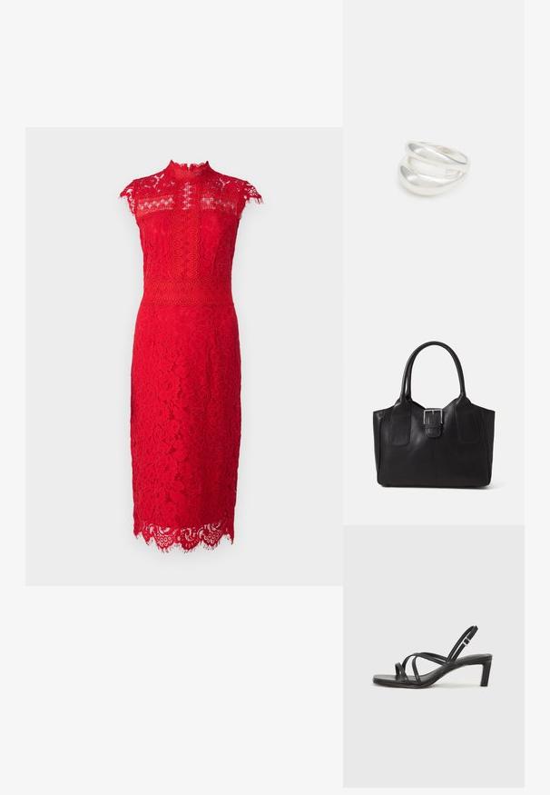 Red lace midi dress with high neck, cap sleeves, floral patterns, scalloped hem, and vertical lace detailing on the front.; Black strappy sandal with a square toe and a low block heel. Features multiple thin straps and an adjustable ankle strap. Made of smooth leather.; Black leather tote bag with smooth texture, structured shape, two handles, and a prominent silver buckle detail on the front.; Silver double-band ring with a smooth, polished surface. Features a fluid, curved design with overlapping sections for a modern look.