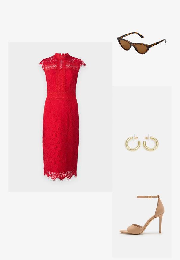 Rotes Spitzen-Midikleid mit hohem Ausschnitt, kurzen Ärmeln, floralen Mustern, gewelltem Saum und vertikalen Spitzendetails an der Vorderseite.; ALDO CRERIDE PILLOW WALK - Riemensandalette - beige; Katzenaugen-Sonnenbrille mit einem schwarz-orangenen Schildpattrahmen, braunen Gläsern und schlanken, spitzen Enden. Verfügt über ein minimalistisches Logo am Bügel.; Goldene Creolen mit einer glatten, glänzenden Oberfläche. Zirkuläres Design mit einem kleinen Stecker und einer klaren Rückseite für einen sicheren Sitz.