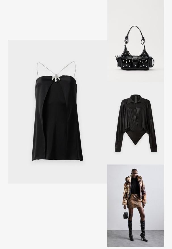 Fekete ujjatlan ruha mély elülső hasítékkal, díszített ezüst lánccal a pántokon és dekoratív ezüst kiegészítővel a mellkason. Sima anyagtextúra.; Fekete egyrészes ruházat hosszú ujjakkal, V-kivágással és testhez simuló fazonnal. Fényes, sima anyagból készült, strukturált gallérral és mandzsettákkal.; Barna és fekete mintás puffjú dzseki, barna kígyóbőr mintás mini szoknyával, fekete térdig érő csizmával és egy kicsi fekete táskával párosítva.; Fekete bőr kézitáska ívelt designnal, ezüst szegecsekkel, csattal és két oldalsó zsebbel. Állítható vállpánt a hordozási lehetőségekhez.