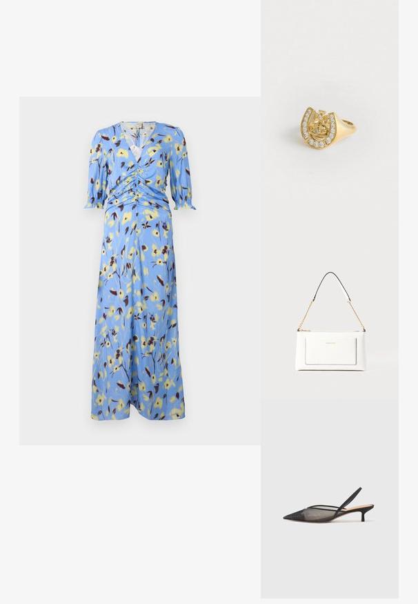 Mėlyna gėlių midi suknelė su įvyniojimo dizainu, susiraukšlėjimu juosmens srityje ir trimis ketvirtadaliais žandikaulio su elastinėmis rankovėmis.; NEOUS IRENA - Klasikiniai aukštakulniai - black; Balta odinė rankinė su tekstūruotu paviršiumi, turinti auksinį grandinėlės dirželį ir juodas detales. Įskaičiuota priekinė kišenė ir užtrauktuko uždarymas.; Aukso žiedas su karūnos dizainu viduje arkadijos, papuoštas mažomis skaidriomis brangakmenių, baltame fone.