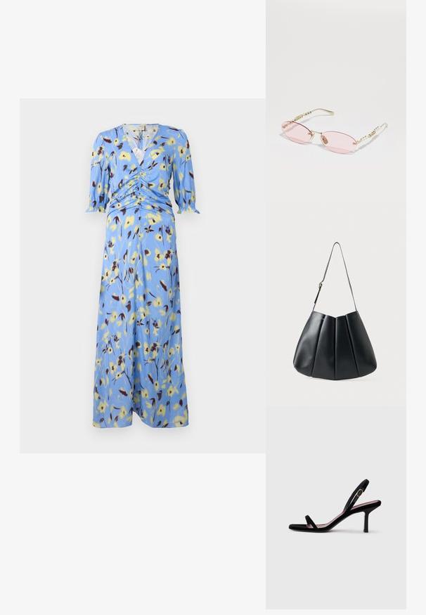 Rochie midi florală albastră cu un design înfășurat, detalii pliate la talie și mâneci trei sferturi cu manșete elastice.; Sandală pentru femei cu toc înalt, din suede negru, cu bretele subțiri și un cataramă aurie, pe un fundal alb, văzută din lateral.; Gucci Ochelari de soare - gold-coloured/pink; Geantă de umăr din piele neagră cu un design pliat, textură netedă, curea unică și un accent subtil din metal auriu.