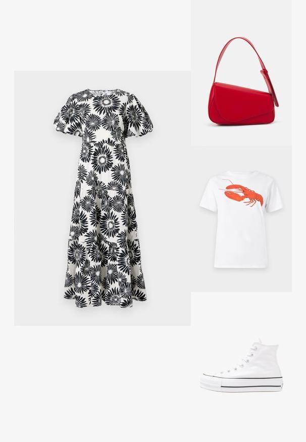 Fekete-fehér maxi ruha virágmintával, kerek nyakkivágással, puffos ujjal és réteges szoknyával. Könnyű anyagból készült.; Fehér pamut póló, amelyen elöl egy nagy, élénkpiros homár grafika látható. Rövid ujjú és standard környakú kialakítás.; Fehér magaskorsó vászon sportcipő fekete gumi talppal, elülső gumi orrnyereggel és hat fűzőlyukkal, letisztult, minimalista dizájnnal.; Piros bőr kézitáska szögletes, geometrikus kialakítással. Egy állítható pánttal és varrott részletekkel ellátott fedélzárral rendelkezik.