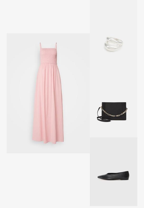 Vero Moda Tall VMCAMMI SINGLET SMOCK DRESS - Maksi suknelė - peaches n cream; Juodas odinis baleto batas, su smailiu pirštu, minimalistinio dizaino, lygiu paviršiumi, žemo profilio kulnu, be matomos aparatūros ar papuošimų.; Juodas odinis per petį nešiojamas krepšys turi lygų paviršių, stačiakampio formą ir metalinę grandinėlę priekyje. Pridedama reguliuojama dirželis.; Sidabrinis dvigubas žiedas su lygiu, poliruotu paviršiumi. Pasižymi sklandžiu, kreiptu dizainu su persipinančiomis dalimis, suteikiančiomis modernų išvaizdą.