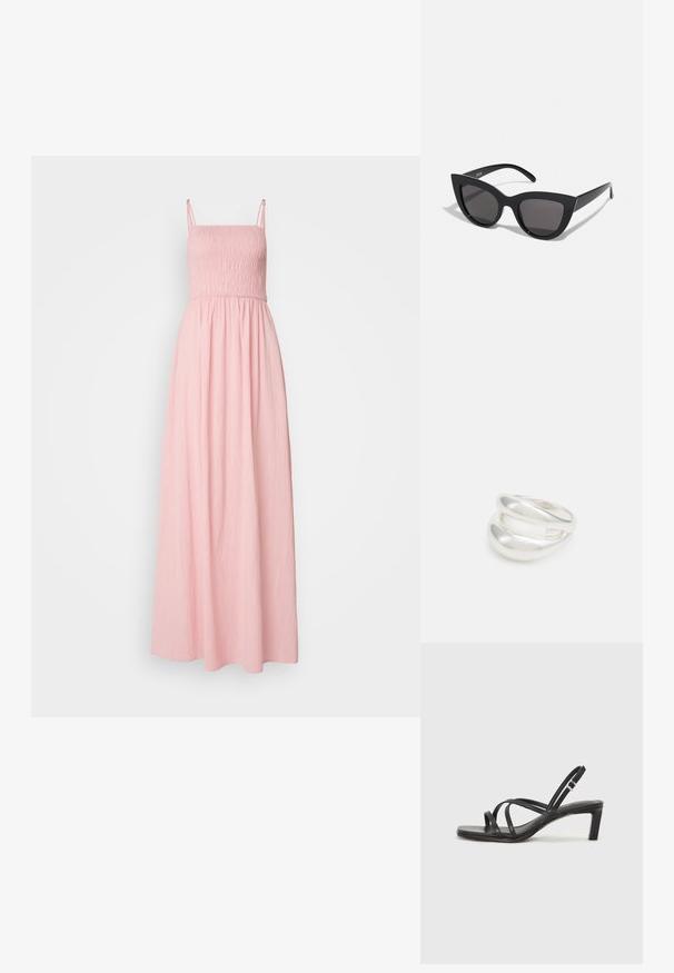 Vero Moda Tall VMCAMMI SINGLET SMOCK DRESS - Dolga obleka - peaches n cream; Črne natikače s trakovi in kvadratnim prstom ter nizkim blokastim peto. Imajo več tankih trakov in nastavljiv trak okoli gležnja. Narejene so iz gladkega usnja.; Črne mačke-oko sončna očala z mat zaključkom, ki imajo sive tonirane leče, ostre kote in eleganten stranski del. Ime blagovne znamke je vidno na notranjem ročaju.; Srebrn dvojni prstan z gladko, polirano površino. Ima tekoč, ukrivljen dizajn z prekrivajočimi se sekcijami za sodoben videz.