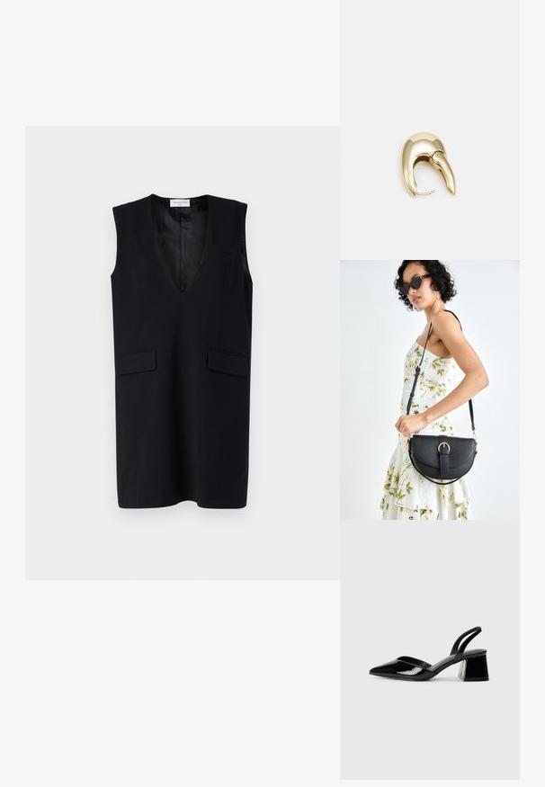 MSCH Copenhagen MATHILDE DRESS - Koktélruha / Partiruha - black; Fekete lakk bőr szandálkés magas sarkú cipő, hegyes orral és geometrikus tömbsarkakkal. Karcsú, minimalista dizájn és sima textúra jellemzi.; Fekete bőrtáska ívelt formával, levehető pánttal és arany színű fémrészekkel. A táskán egy csattal díszített fedél található.; Aranyszínű fém fülbevaló, elegáns, ívelt formával. Különleges hegyes alak, fényes felszín és zsanéros záródás jellemzi.