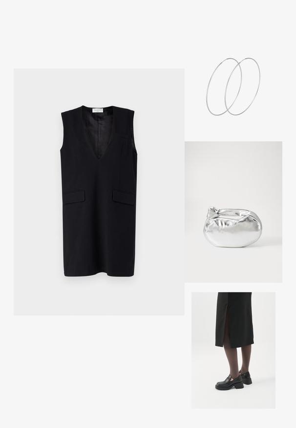 MSCH Copenhagen MATHILDE DRESS - Kokteilinė suknelė / vakarėlių suknelė - black; Juodos odinės bateliai su apvaliu nosiu, stora blokine pakulne ir elastingais šonais, derinami su tamsiomis pėdkelnėmis ir juoda sijonu su plyšiu.; Sidabrinė metalinė maišelio forma su švelnia, apvalia forma ir mazgu užveriamu viršumi. Pagaminta iš lygios dirbtinės odos medžiagos.; Sidabrinės pusmėnulio auskarai minimalistiniu dizainu. Apskritimo forma, lygus paviršius ir plonas profilis. Lengvi su poliruotu apdailu.