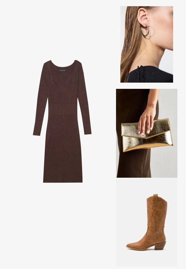 Hnedé rebrované šaty s dlhým rukávom a oválnym výstrihom, priliehajúceho strihu. Obsahuje V-športové šitie na korzete.; Hnedé kožené kovbojské topánky s špicatou špičkou, vyšívanými vírivkami na štýle a blokovým podpätkom. Obsahuje praktický pútko na ľahké obúvanie.; Zlatá metalická kabelka cez plece s hladkým povrchom, ktorá má trojuholníkové uzavretie. Ruka ju drží a má starostlivo upravené nechty.; Strieborná kruhová náušnica s lesklým povrchom, obsahujúca malé zlaté akcenty a okrúhly tvar, nosená na lalôčiku ucha.