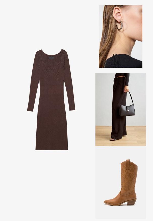 Braunes gestreiftes Langarmkleid mit Rundhalsausschnitt und figurbetonender Silhouette. Verfügt über eine v-förmige Nahtdetail im Oberteil.; Braune Leder-Cowboy-Stiefel mit spitzem Zehenbereich, bestickten Wirbelmustern am Schaft und einem gestapelten Blockabsatz. Verfügt über einen Ziehriemen für das einfache Anziehen.; Schwarze Handtasche mit strukturierter Form, glatter Textur und einem metallischen Verschluss. Kombiniert mit weiten schwarzen Hosen und offenen Sandalen auf einem Holzboden.; Silberne Creolen mit polierter Oberfläche, die kleine goldene Akzentdetails und eine runde Form aufweisen, am Ohrläppchen getragen.