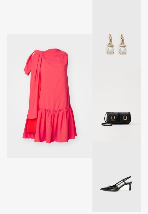 Roksanda SOLENNE DRESS - Cocktail φόρεμα / Φόρεμα για πάρτι - light hibiscus/deep sienna; Μαύρη πατέντα σλινγκμπάκ γόβα με μυτερή μύτη, διαθέτει υφή από φίδι, ρυθμιζόμενο λουρί και κοντή, υφή τετράγωνη φτέρνα.; Μαύρη δερμάτινη τσάντα ώμου με δύο μπροστινές τσέπες, χρυσά κούμπωματα, κλείσιμο με φερμουάρ και λεπτό λουρί. Υφή επιφάνειας και κομψό ορθογώνιο σχήμα.; Χρυσά σκουλαρίκια με ορθογώνιο, καθαρό κρύσταλλο που κρέμεται κάτω από μια σειρά μικρών, στρογγυλών, καθαρών λεπτομερειών. Λεπτός, σύγχρονος σχεδιασμός.
