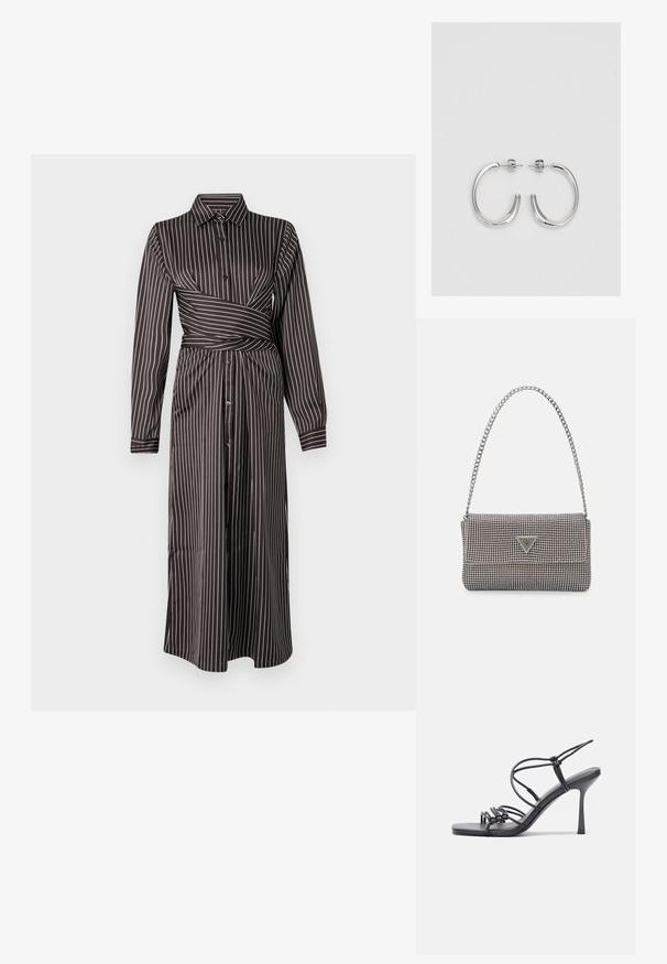 Vestido camisola riscado em preto e branco, com colarinho, mangas longas, fecho de botões à frente, detalhe de laço na cintura e saia até ao joelho. Textura de tecido suave.; As sandálias de salto alto pretas apresentam tiras finas com um design em nó, uma biqueira quadrada lisa e um elegante salto agulha.; Bolsa metálica cinza claro com uma alça de corrente, adornada com pequenos rebites metálicos circulares e um logótipo triangular da marca.; Brincos de argola prateados com um acabamento suave e brilhante. Forma arredondada, design leve, com fecho de pino.